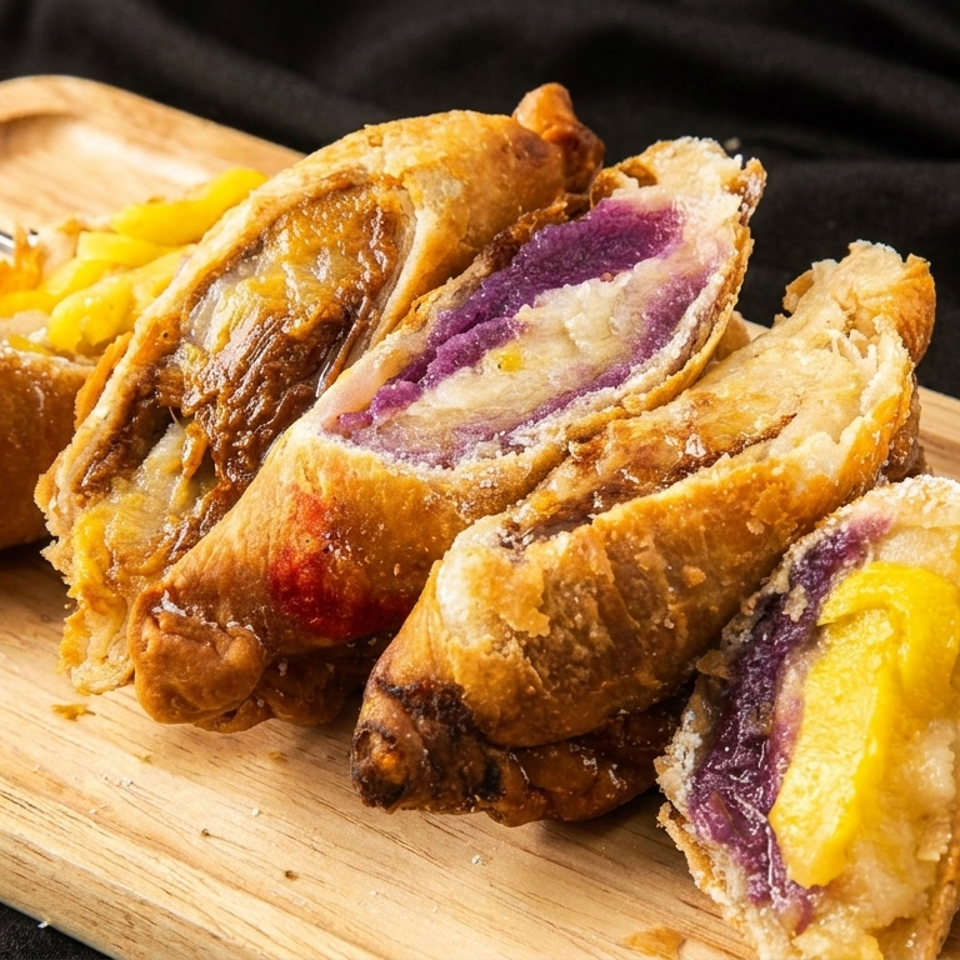 Crispy fried pastries filled with purple and yellow sweet fillings, arranged on a wooden serving board.