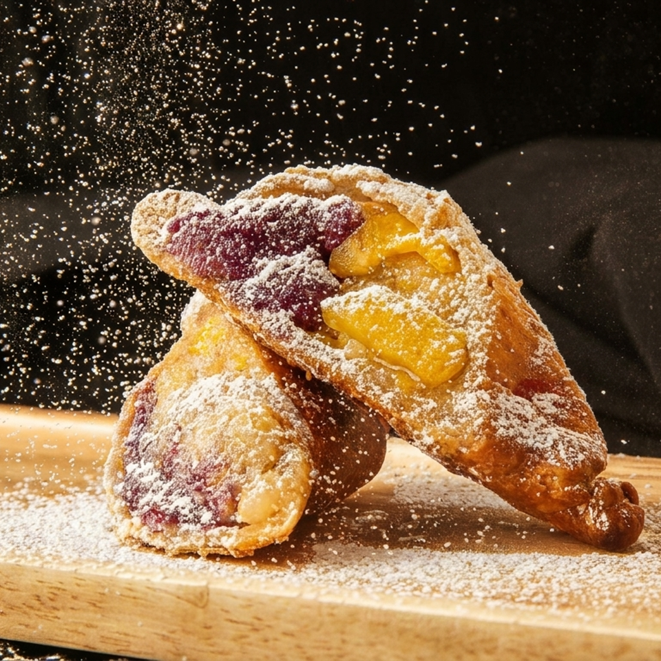 Golden fruit-filled pastries dusted with powdered sugar on a wooden board, with sugar falling against a dark background.