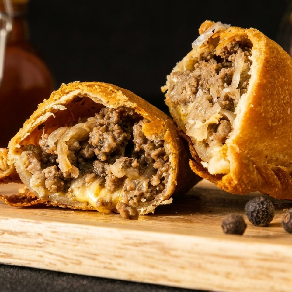 Halved golden pastries filled with seasoned ground meat and melted cheese on a wooden board with spices and sauce.